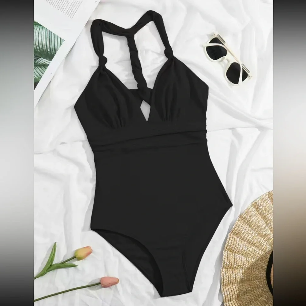 Boho black knotted V neck swimsuit